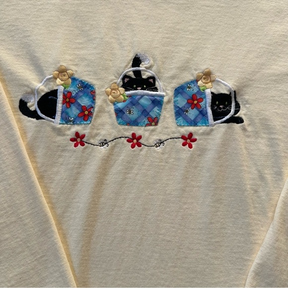 Day Breeze Shirt Vintage Butter Yellow Cat Design Embroidery Cotton Size L - Picture 4 of 9